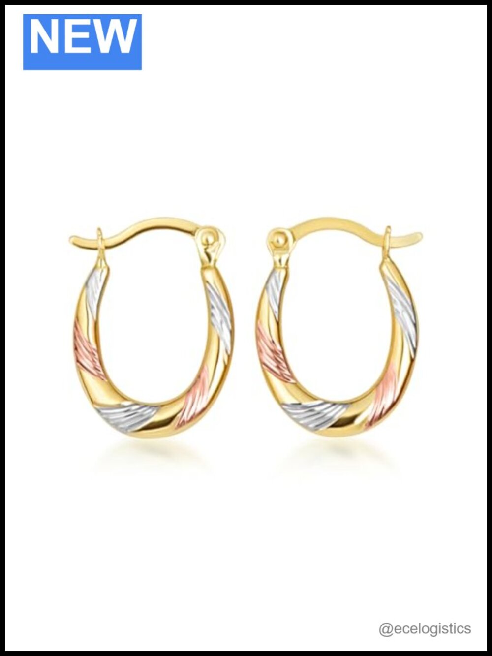 10K Solid Gold Striped Oval Hoop Earrings Lever Back
